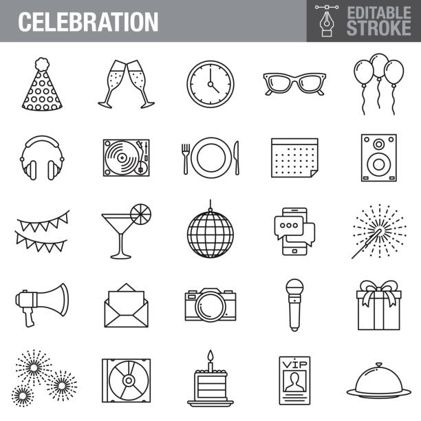 celebration editable stroke icon set - party hat cocktail time drink stock-grafiken, -clipart, -cartoons und -symbole