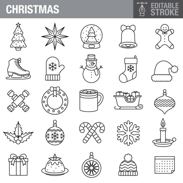 크리스마스 편집 가능한 스트로크 아이콘 세트 - ice skates stock illustrations