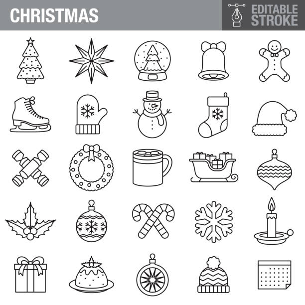 ilustrações de stock, clip art, desenhos animados e ícones de christmas editable stroke icon set - cookie christmas gingerbread man candy cane