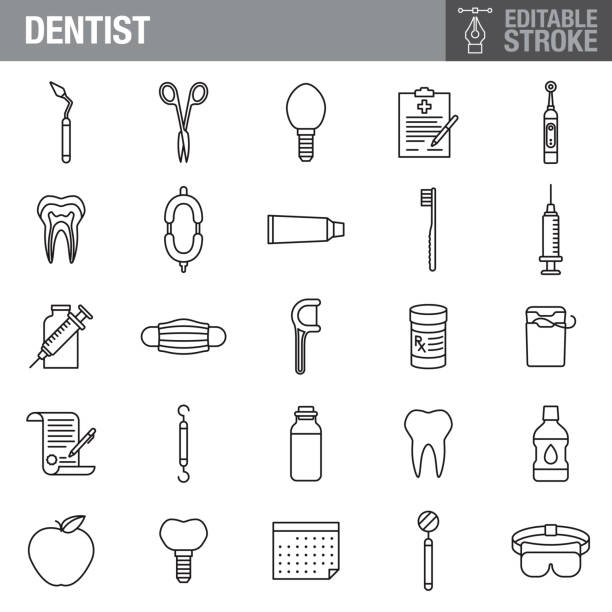 ilustraciones, imágenes clip art, dibujos animados e iconos de stock de conjunto de icono de trazo editable del dentista - dentist dental hygiene dentist office dental equipment
