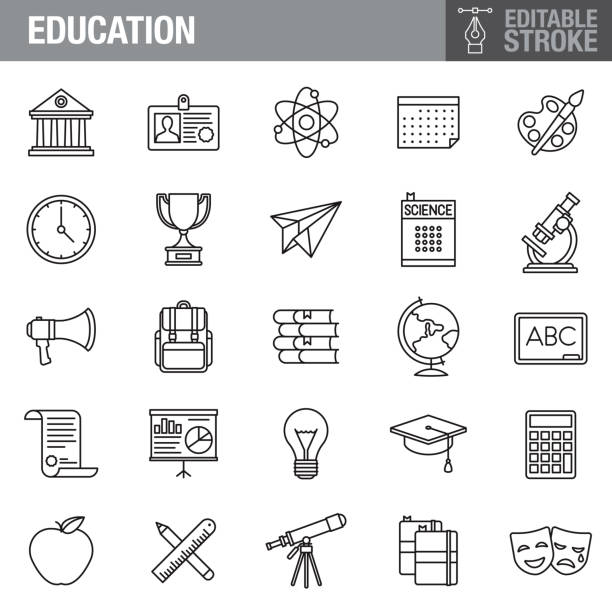 Education Editable Stroke Icon Set A set of editable stroke thin line icons. File is built in the CMYK color space for optimal printing. The strokes are 2pt and fully editable: Make sure that you set your preferences to ‘Scale strokes and effects’ if you plan on resizing! clipart of school supplies stock illustrations