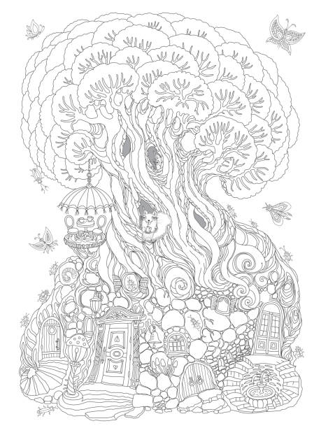 ilustrações de stock, clip art, desenhos animados e ícones de coloring book page for children and adults, fantasy old tree with fairy tale squirrel house. line art contour sketch. tee-shirt print. quarantine home isolation concept, coffee and tea drinking - summer backgrounds line art butterfly