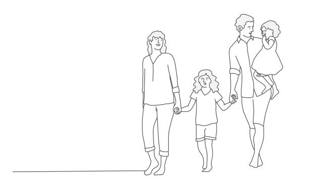 Happy family Happy family father, mother and two daughters. Line drawing vector illustration. mother drawings stock illustrations