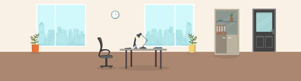 офисный интерьер современного творческого пространства с пустыми рабочими местами. офисное пространство с панорамными окнами, office backrounds. - office stock illustrations