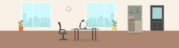 Vector illustration of Office interior modern creative space with empty workplaces. Office space with panoramic windows, Office Backrounds.