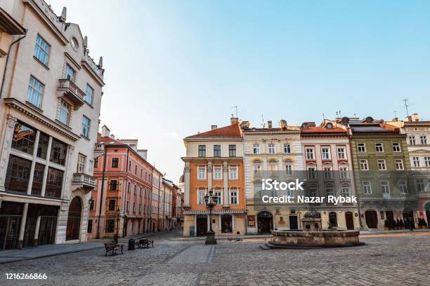 View Of The Rynok Square And Old Building Of The European City Lviv At Sunset Stock Photo - Download Image Now