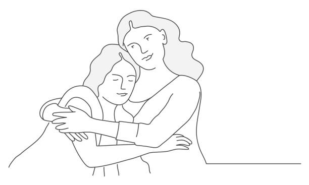 Mom hugs daughter, family time. Mom hugs daughter, family time. Line drawing vector illustration. mother drawings stock illustrations