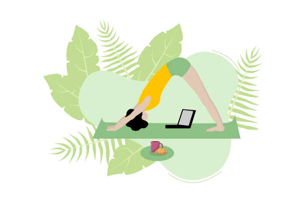 illustrazioni stock, clip art, cartoni animati e icone di tendenza di donna pratica yoga di fronte al laptop su sfondo di forma liquida, foglie tropicali. resta a casa, lavoro a distanza, quarantena - yoga business women living room