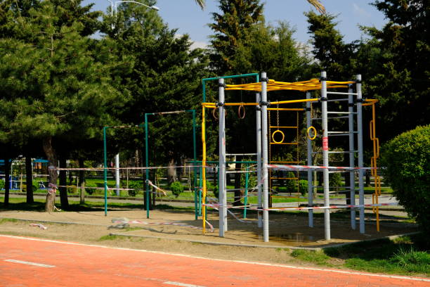 istock Street exercise equipment is closed for access. 1216276806