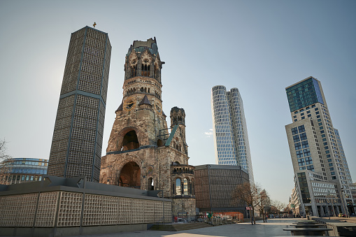 Panorama of Berlin's Breitscheidplatz with the memorial church and modern architecture