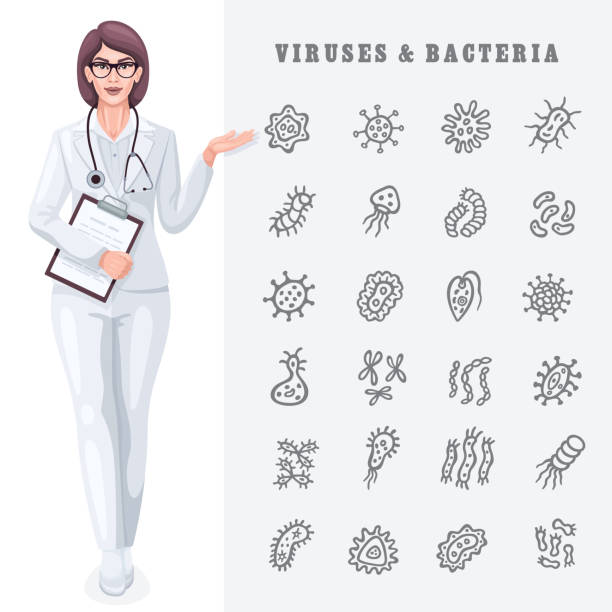 бактерии и вирусы. концепция медицинского плаката. - flu virus hygiene doctor symbol stock illustrations