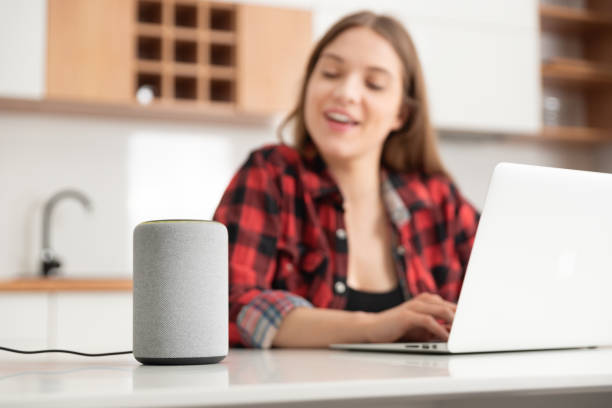 istock Woman talking to smart speaker. Smart home. 1216278339