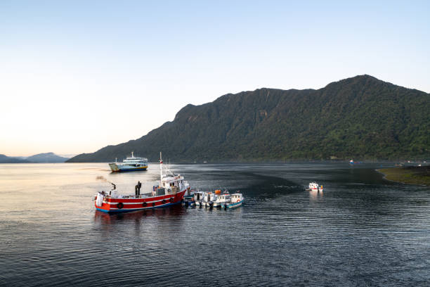 Fishing boats in the coast of Hornopiren, southern Chile stock photo