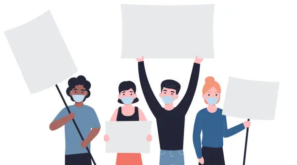 Vector illustration of young people in medical masks holding clean placards