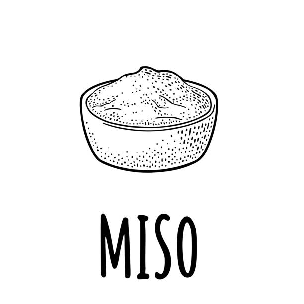 Miso. Vector black vintage engraving illustration isolated on white background Miso. Vector black vintage engraving illustration and handwriting lettering for menu, poster, label. Isolated on white background miso sauce stock illustrations