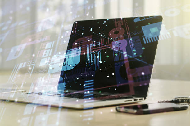 istock Multi exposure of abstract software development hologram on laptop background, research and analytics concept 1216287040