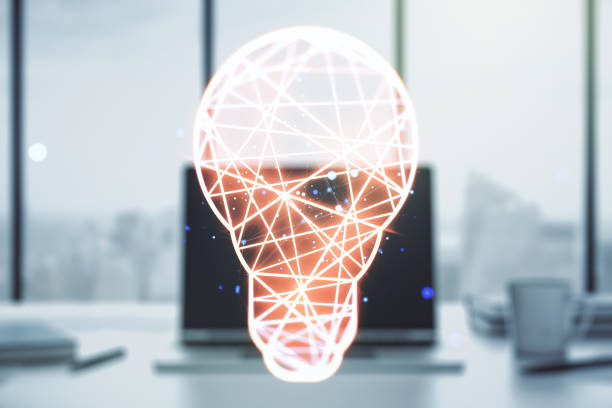 istock Double exposure of creative light bulb hologram on laptop background, research and development concept 1216287131