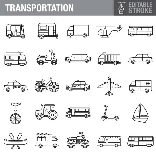 Vector illustration of Transportation Editable Stroke Icon Set