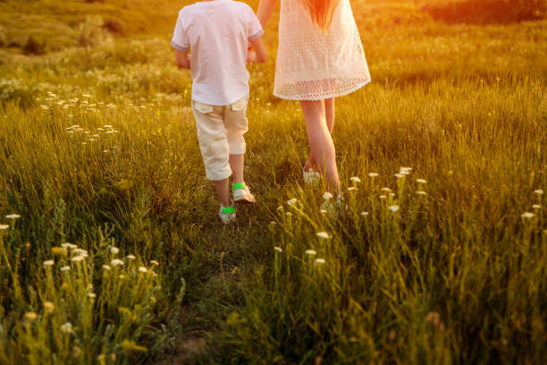 istock Crop brother and sister walking in meadow 1216291458