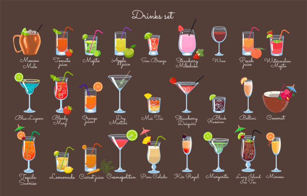 illustrazioni stock, clip art, cartoni animati e icone di tendenza di set di bevande su sfondo marrone. grafica vettoriale. - cocktail