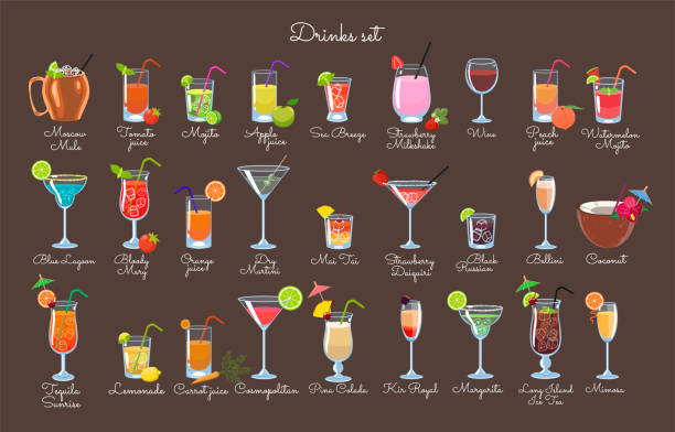 ilustrações de stock, clip art, desenhos animados e ícones de set of drinks on a brown background. vector graphics. - martini glass