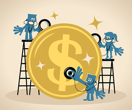 Business Blue Little Guy Characters Vector Art Illustration.
Financial advisors team listen to and analyze a big Dollar sign US currency with a stethoscope, concept of monetary analysis.
