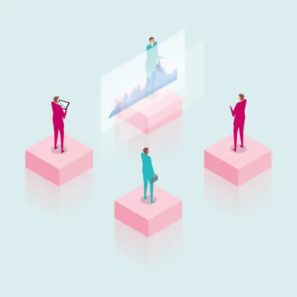 Vector illustration of Four businessmen stand on cube and observe stock data.
