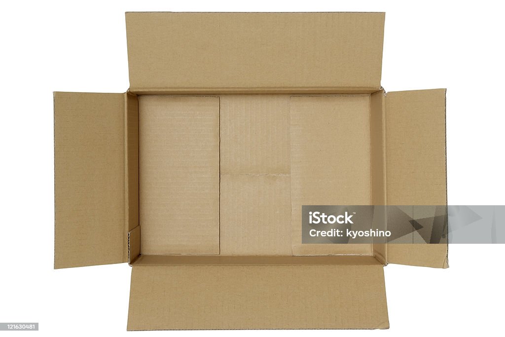 Isolato colpo di stato aperto vuota scatola di cartone su sfondo bianco - Foto stock royalty-free di Scatola