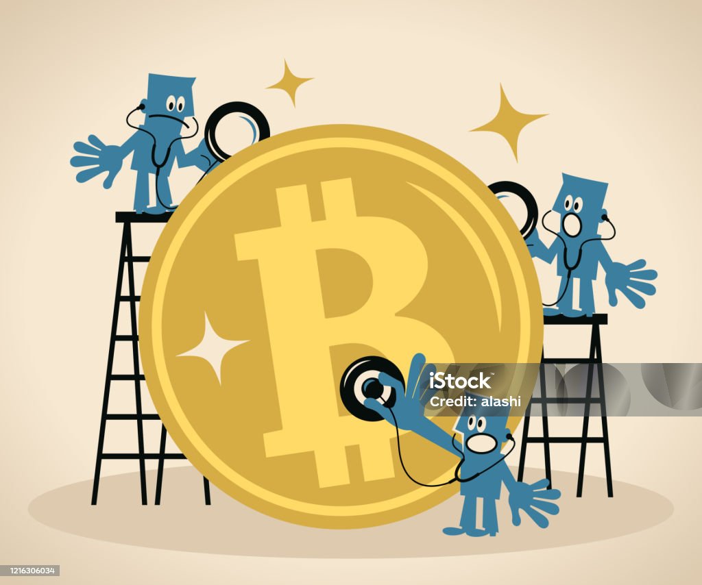 Financial advisors team listen to and analyze a big Bitcoin Cryptocurrency with a stethoscope, concept of monetary analysis Business Blue Little Guy Characters Vector Art Illustration.
Financial advisors team listen to and analyze a big Bitcoin Cryptocurrency with a stethoscope, concept of monetary analysis. Bitcoin stock vector