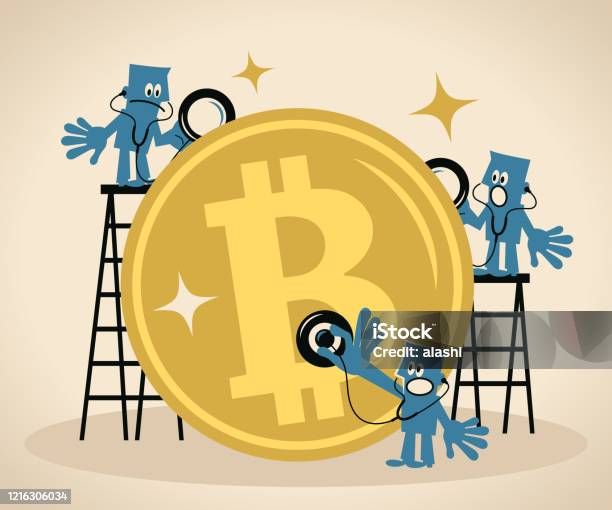 Financial Advisors Team Listen To And Analyze A Big Bitcoin Cryptocurrency With A Stethoscope Concept Of Monetary Analysis Stock Illustration - Download Image Now