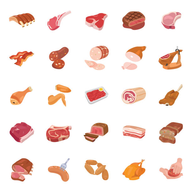 ilustrações de stock, clip art, desenhos animados e ícones de meats color vector icons - pancetta