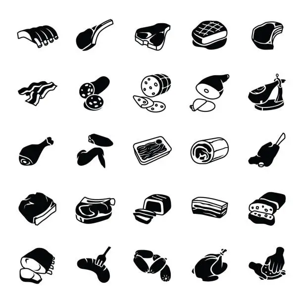 Vector illustration of Meats glyph vector icons