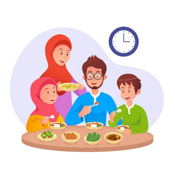 Vector illustration of Muslim Family eating sahur