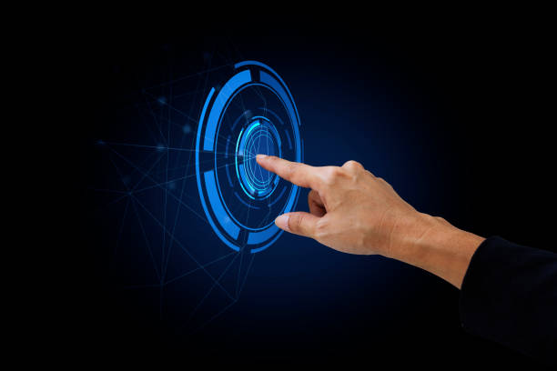 istock Hand pressing modern social circle buttons - Social network and virtual touch screen 1216309673