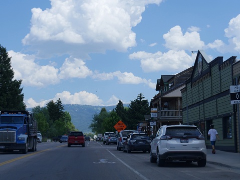 Driggs, Idaho- August 2018: Light traffic along the street in Driggs.