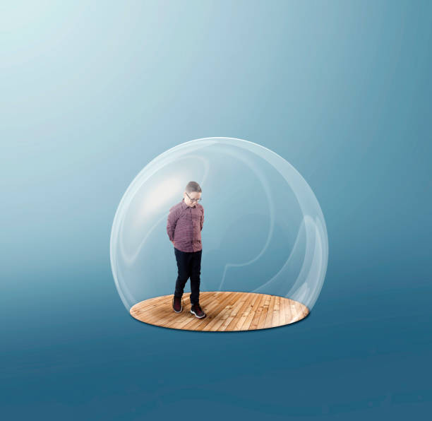 istock Man inside a 3d bubble shield protection . Stay at home concept . Self isolation during quarantine . 1216314291