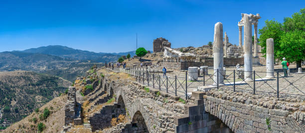 Pergamon, Turkey -07.22.2019. Agora in the Ruins of the Ancient Greek city Pergamon in Turkey. Big size panoramic view on a sunny summer day