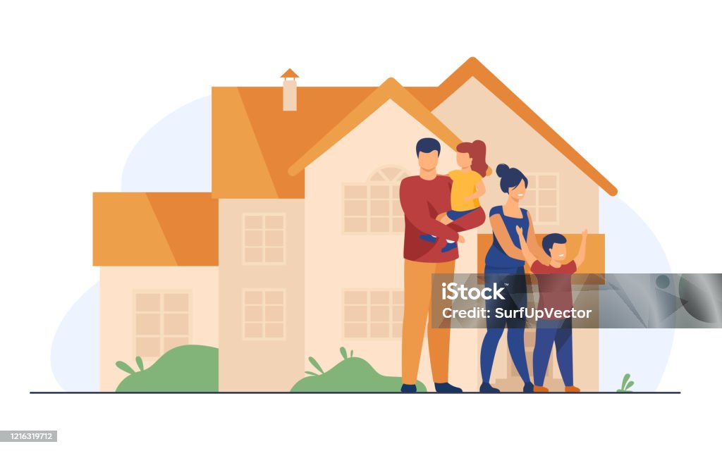 Happy Family Standing Together In Front Of House Stock Illustration -  Download Image Now - House, Family, Outdoors - iStock