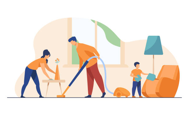 Happy family housekeeping together flat vector illustration Happy family housekeeping together flat vector illustration. Daughter, mother and father working for household and clean home. Housekeeping and house concept housework stock illustrations