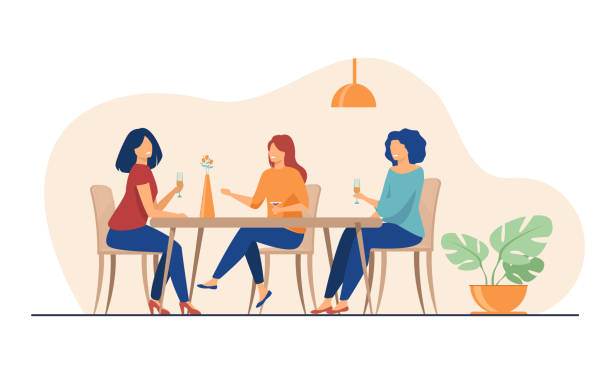 Three female friends sitting in cafe at lunch and talking Three female friends sitting in cafe at lunch and talking flat vector illustration. Women hanging out together. Friendship and communication concept. friends laughing stock illustrations