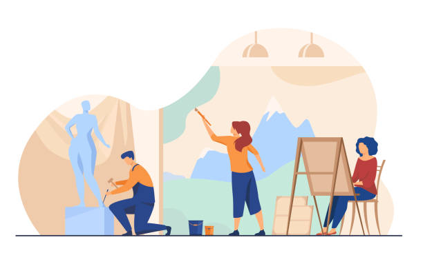 Artists creating artworks flat vector illustration Artists creating artworks flat vector illustration. Creative characters painting, drawing and sculpting at workshop. Studio, graphic design and art concept. marble cartoons stock illustrations
