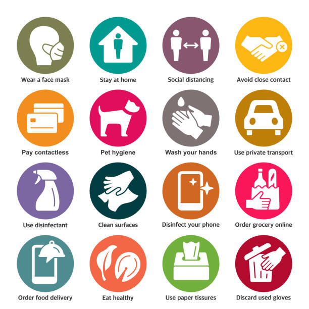 COVID-19 prevention vector icons Coronavirus spreading prevention colorful vector icon set stay at home order stock illustrations
