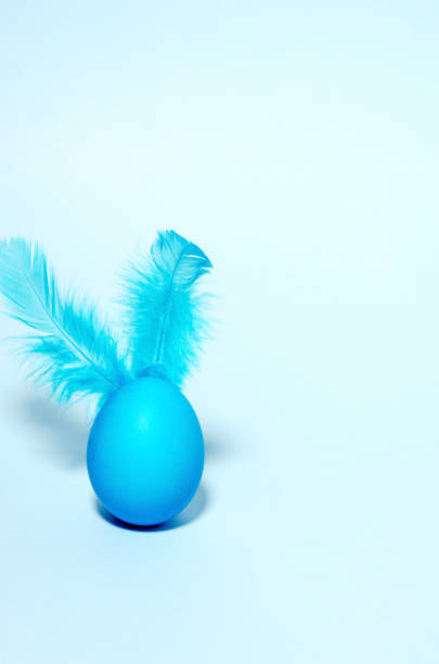 istock Creative easter bunny - blue egg and ears of feathers stands on a blue background. Monochrome, minimalistic background. Vertical image. 1216321670