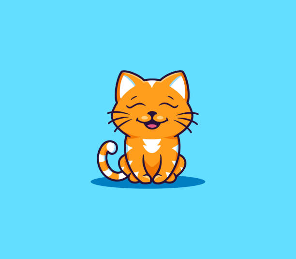 A little smiling cat, logo. Funny kitty cartoon character A little smiling cat, logo. Funny kitty cartoon character, logotype, badge, sticker, emblem on blue background isolated. Vector illustration, flat, line art style, creative design kawaii cat stock illustrations