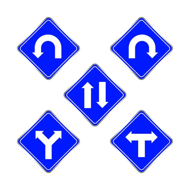 Vector illustration of road signs blue set, traffic road sign blue isolated on white, signpost caution for direction, road sign and white arrow pointing