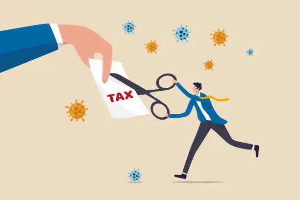 Vector illustration of COVID-19 Coronavirus government help package to cut tax help people and business to survive the economics recession or financial crisis, businessman government leader using scissors to cut tax bill.