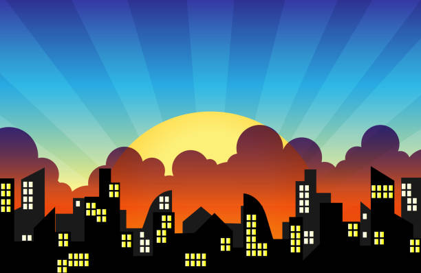 istock City skyline silhouette at sunset. Skyscrapers, towers and office under the cloud, sunset and light beam. Vector illustration. 1216326098