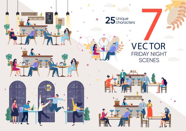 Friday Night Leisure Flat Vector Concepts Set Friday Night, Work Week End, Employees and Office Workers Leisure, Business Partners Meeting in Cafe, Corporate Party Scenes Trendy Flat Vectors Set. People Resting in Restaurant or Bar Illustration friday illustrations stock illustrations
