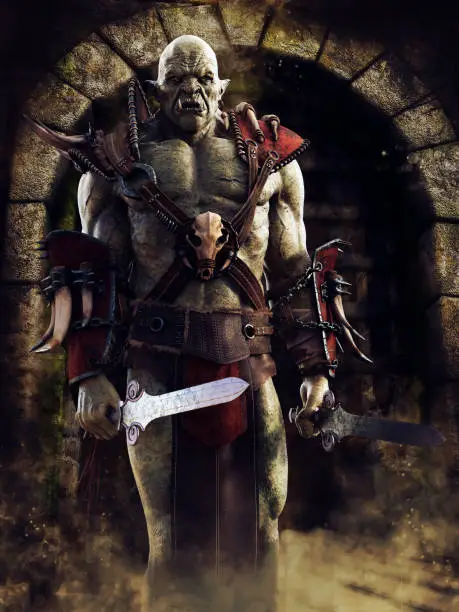 Fantasy orc standing with two swords in front of a stone castle gate. 3D render.