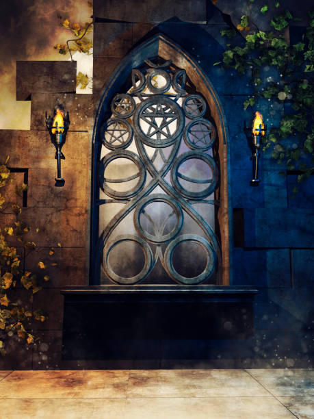 istock Fantasy wall with torches and ivy 1216328406